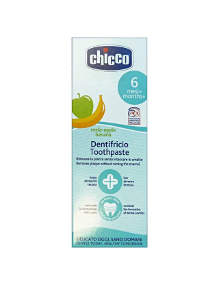 Chicco Дитяча зубна паста з фтором 50 мл від 6 міс зі смаком яблука та банана Chicco Дитяча зубна паста з фтором 50 мл від 6 міс зі смаком яблука та банана